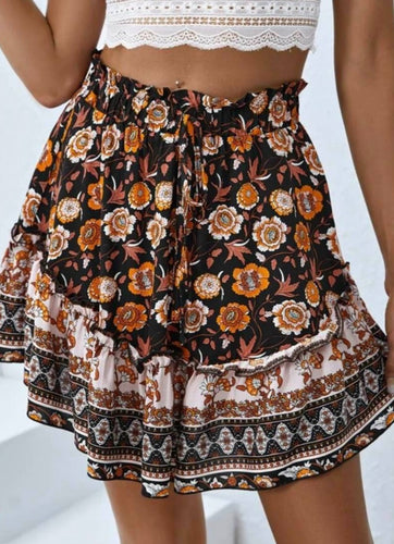 Western Floral Print Tie Waist Skirt