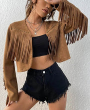 Load image into Gallery viewer, Fringe Trim Studded Detail Open Front Crop Faux Suede Jacket