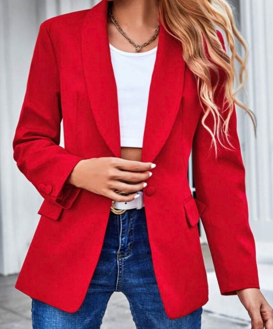 Red Shawl Collar Single Button Blazer