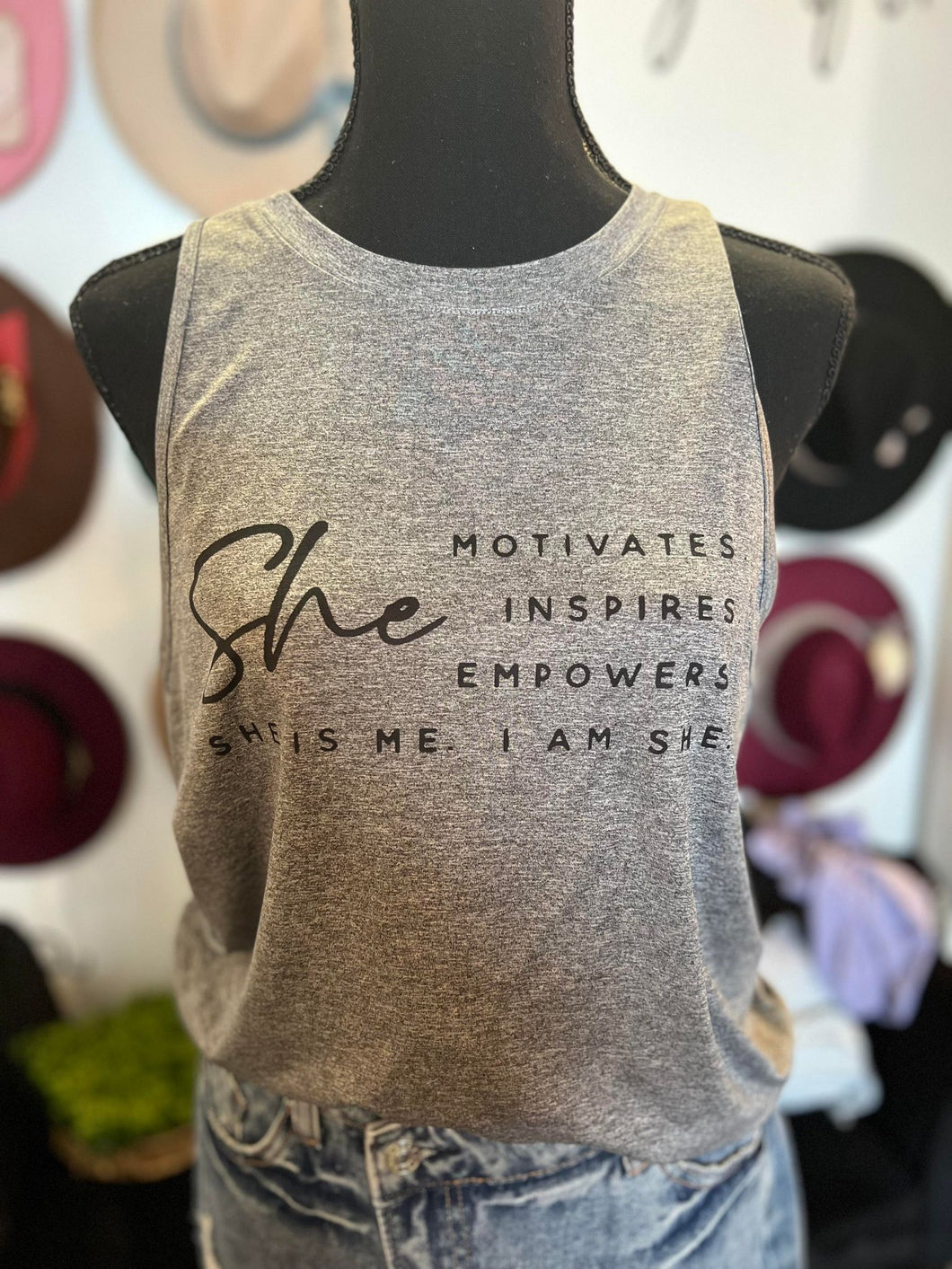 I Am She Gray Racerback Tank