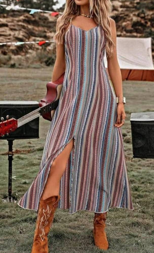 Striped Print Split Thigh Cami Dress