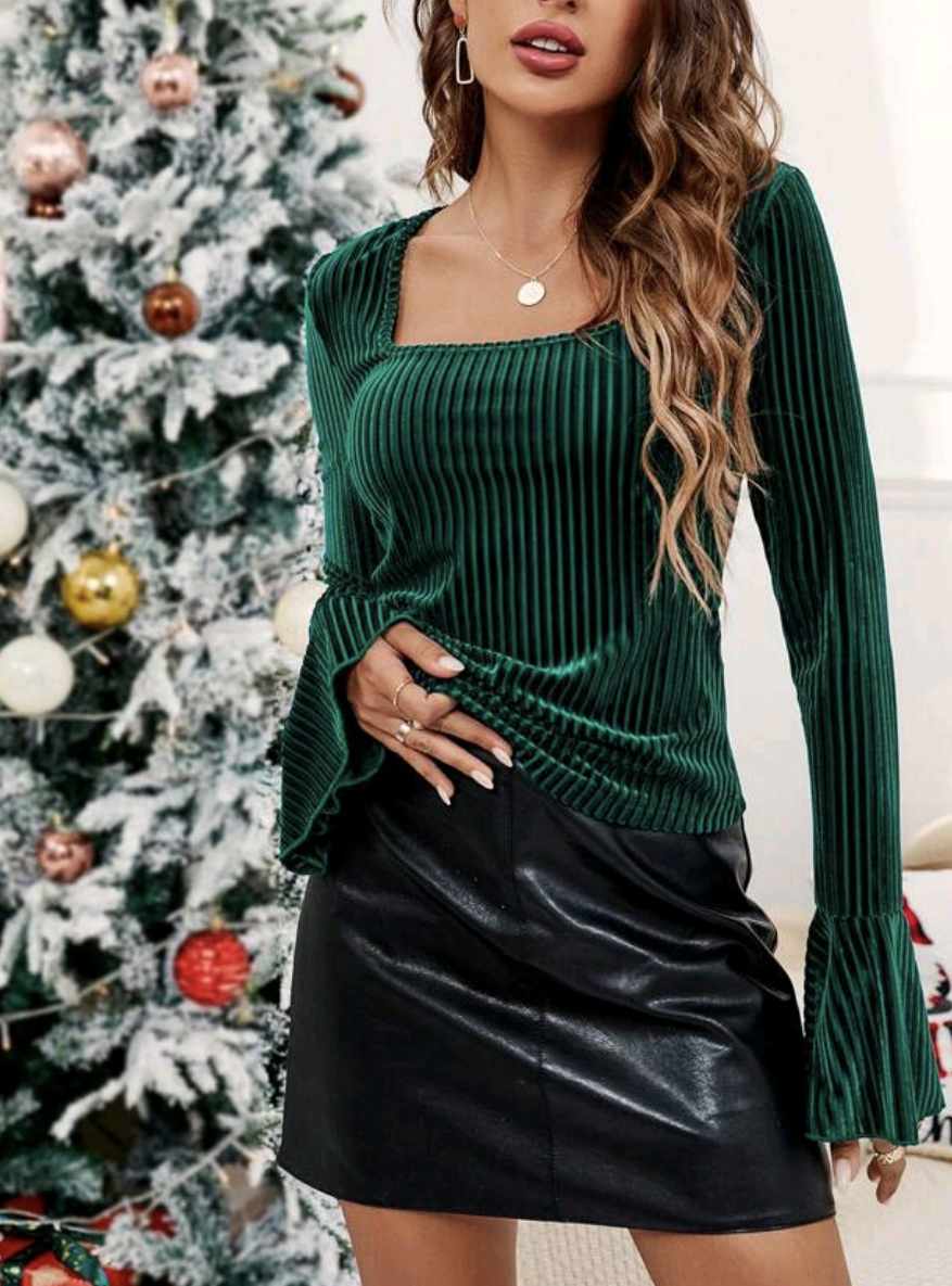 Velvet Green Flare Sleeve Top