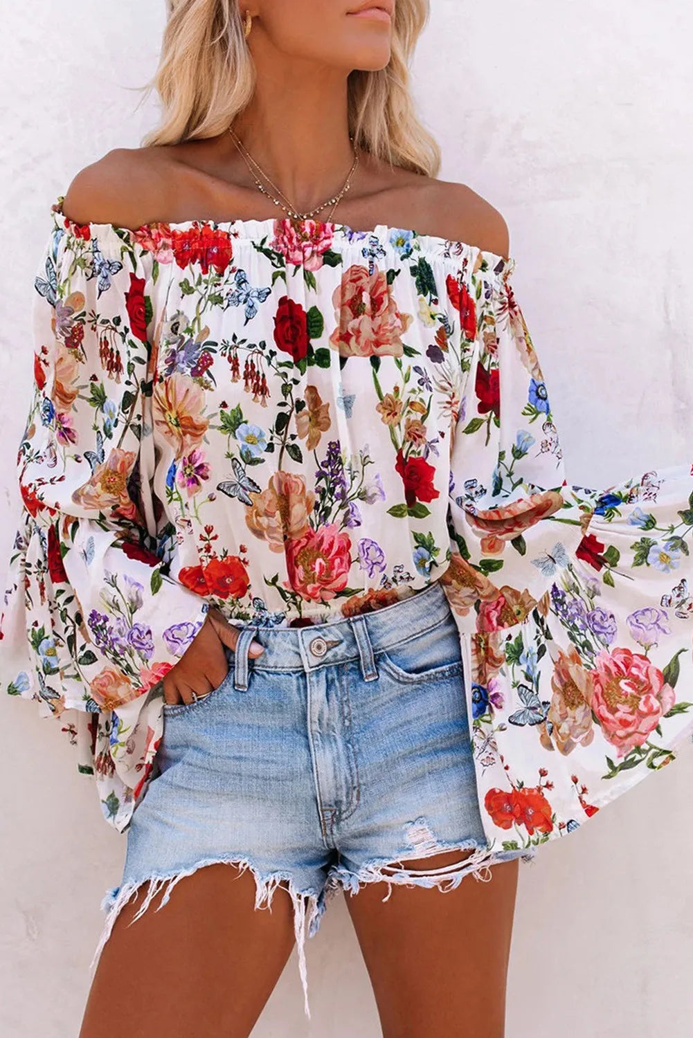 Multicolor Floral Off Shoulder Bell Sleeve Blouse