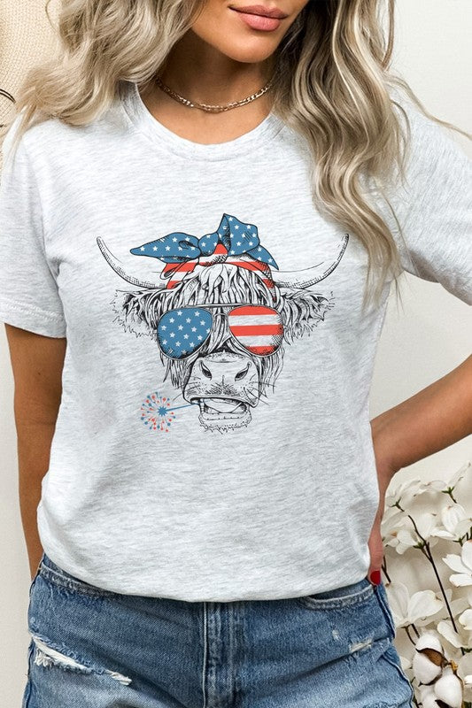 Patriotic Highland Cow American Flag Graphic Tee