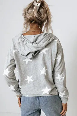 Light Grey Stars Print V-Neck Drawstring Hoodie