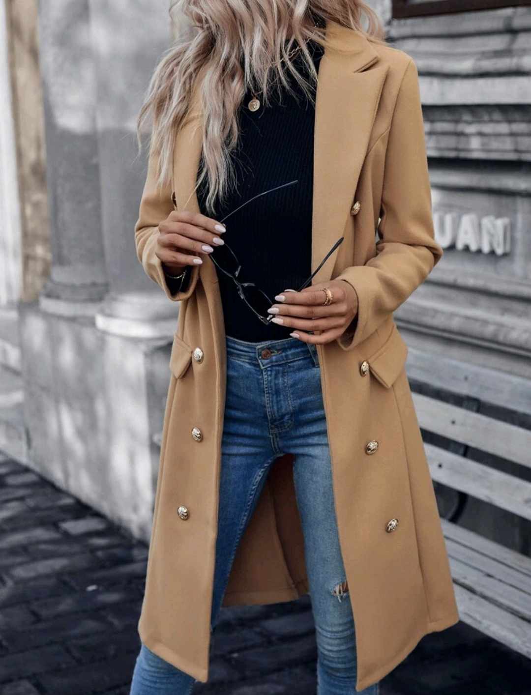 Lapel Neck Double Breasted Tweed Overcoat