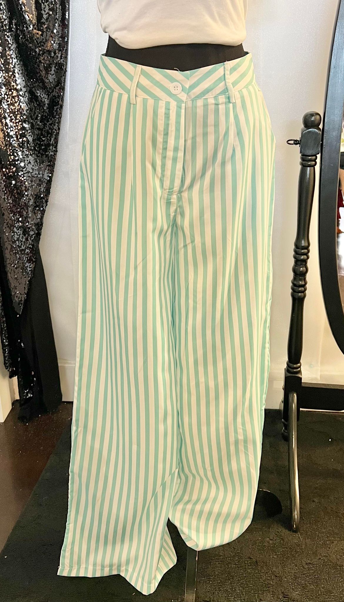 Spring Teal Stripped Wide Leg Pants