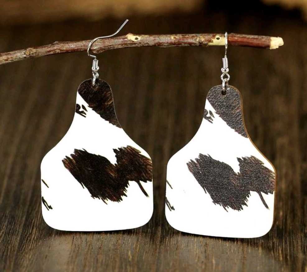 Wood Cow Tag Earrings