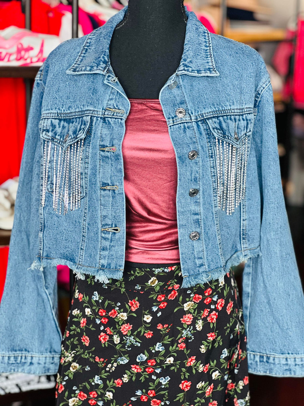 Rhinestone Fringe Jean Crop Jacket