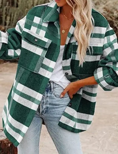 Women's Plaid Button Flannel Shirt Jacket