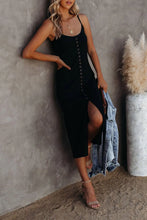 Load image into Gallery viewer, Black Buttoned Ribbed Knit Sleeveless Midi Bodycon Dress with Slit
