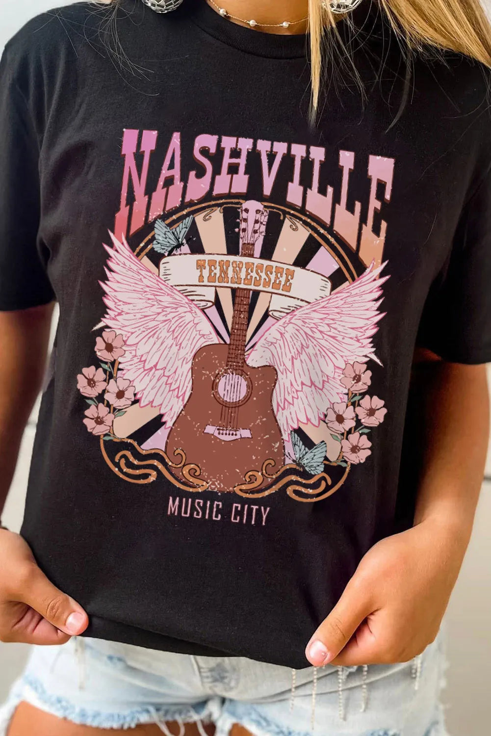 Black NASHVILLE Music City Graphic Print Short Sleeve Top