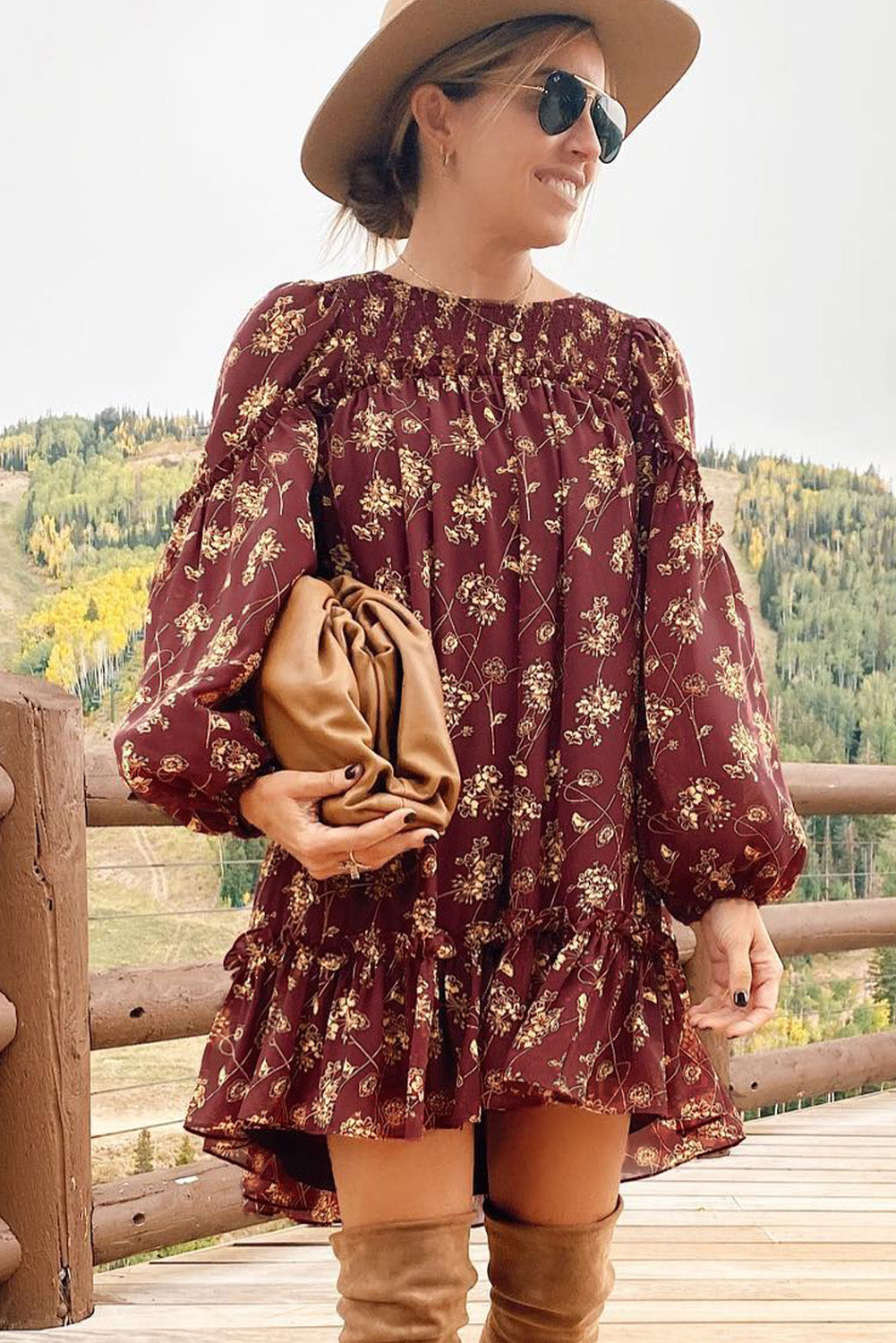 Fiery Red Ruffled Puff Sleeve High Low Floral Babydoll Dress