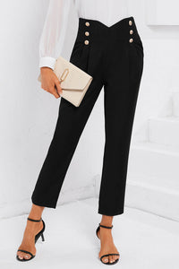 Black Double Breasted Pleated Casual Cropped Pants