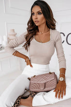 Load image into Gallery viewer, Khaki Pearl Trim Square Neck Ribbed Knit Long Sleeve Top