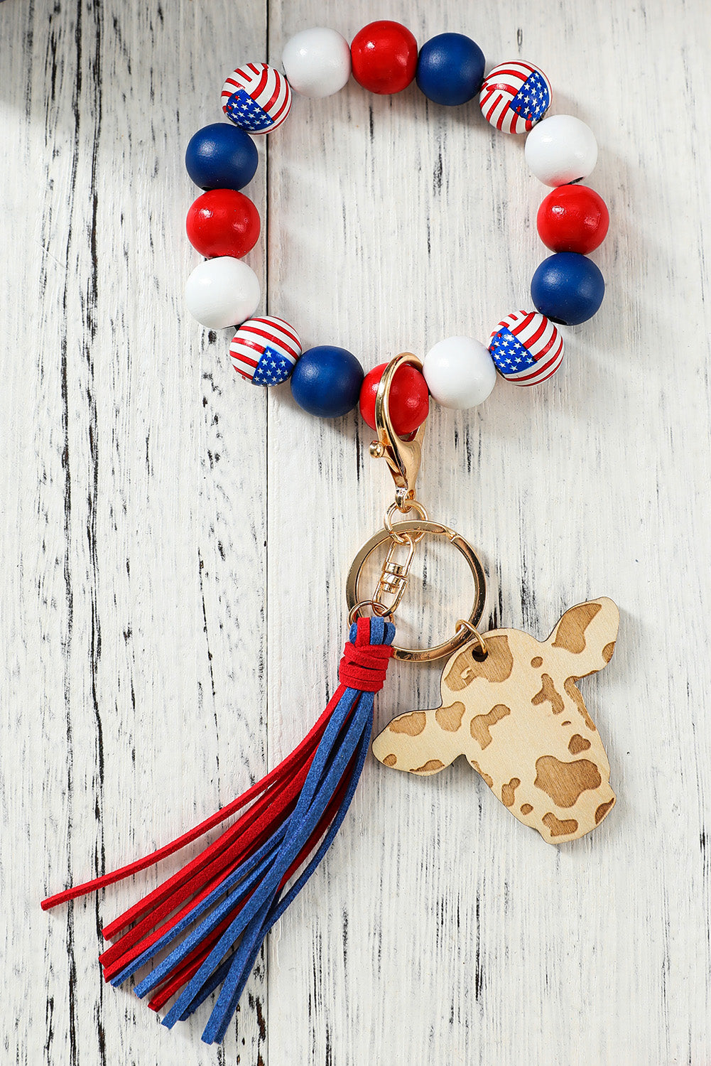 Red American Flag Beaded Bracelet Keychain