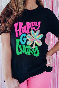 Black Happy GO Lucky Clover Print Crew Neck T Shirt