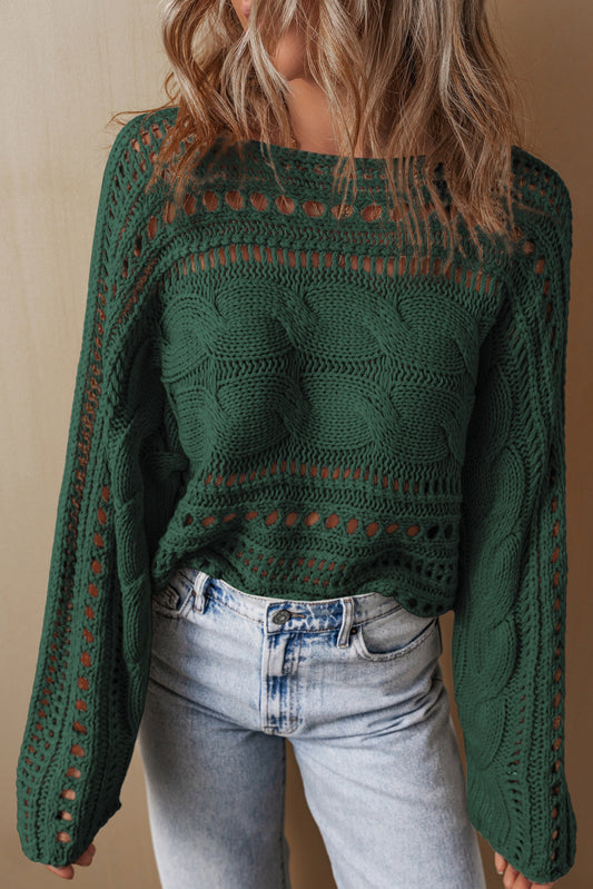 Green Hollow-out Cable Knit Cropped Sweater