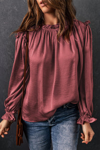 Red Frilled Neck Ruffled Long Sleeve Blouse