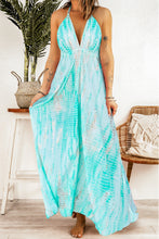 Load image into Gallery viewer, Green Tie Dye Print Lace-up Halter Open Back V Neck Maxi Dress
