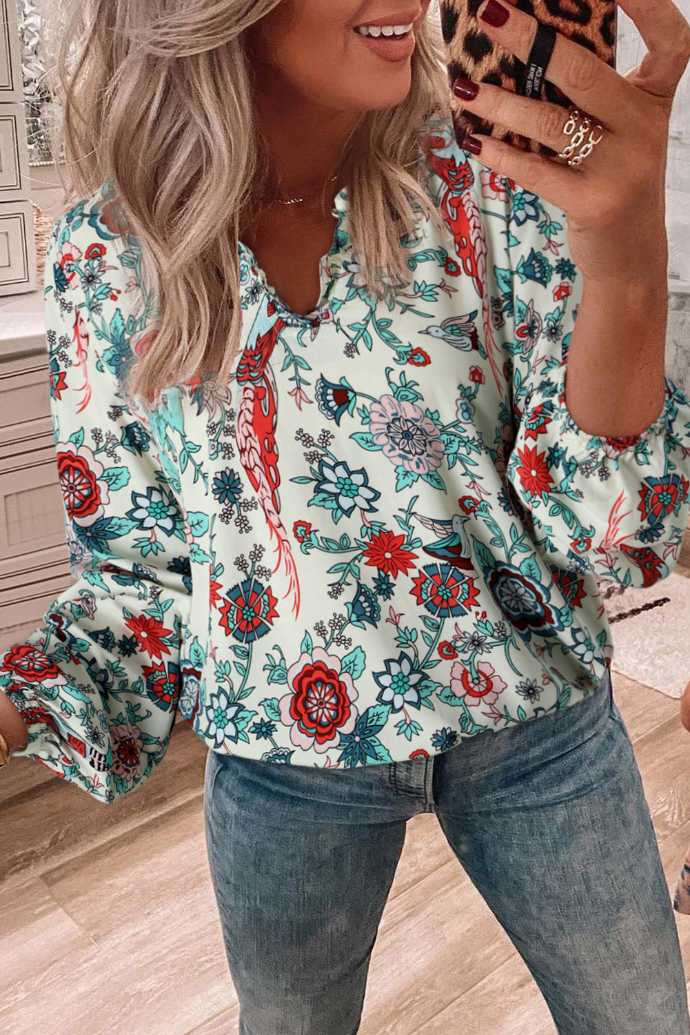 Apricot Floral Frilled V Neck Long Sleeve Blouse