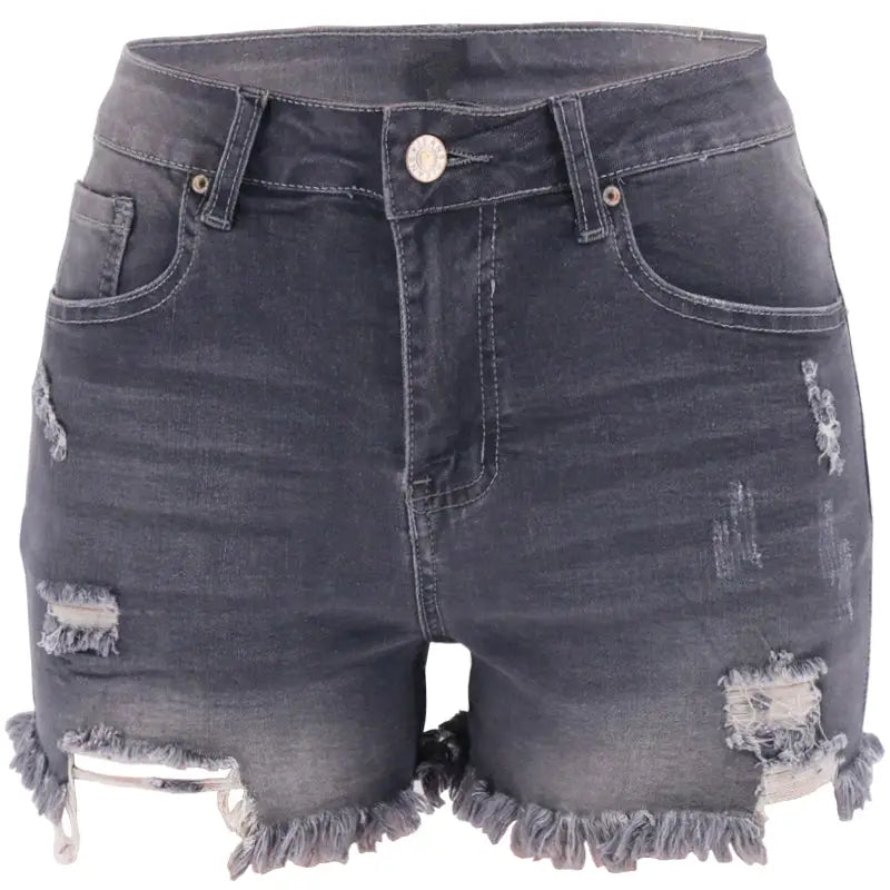 Grey High-Waisted Ripped Stretch Denim Shorts