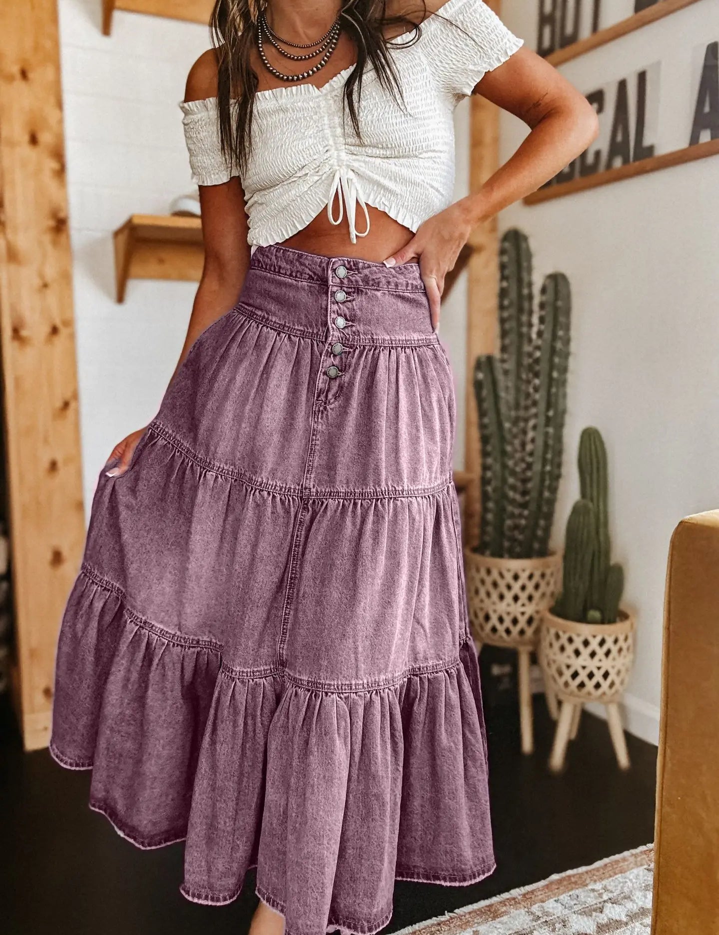 Bohemian Tiered Denim Skirt A-Line