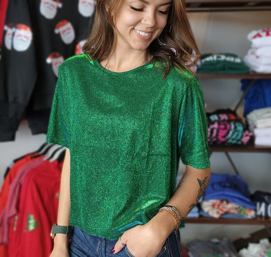 Christmas Green Glitzy Glitter Slightly Cropped Tee