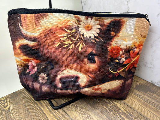 Flower Highland Cow Makeup Bag