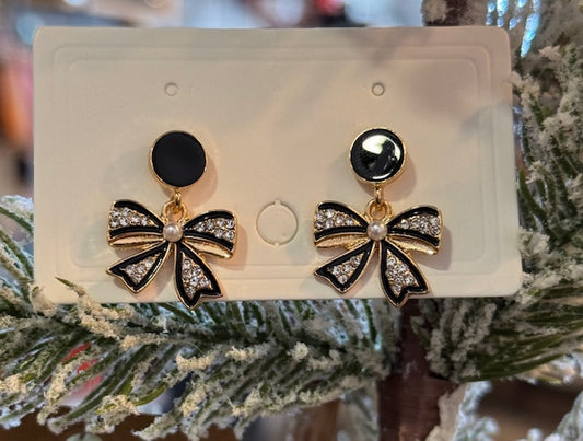 Black and Gold Rhinestone Bow Earrings