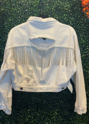 Frayed Back Silver Fringe Distressed Denim Jacket
