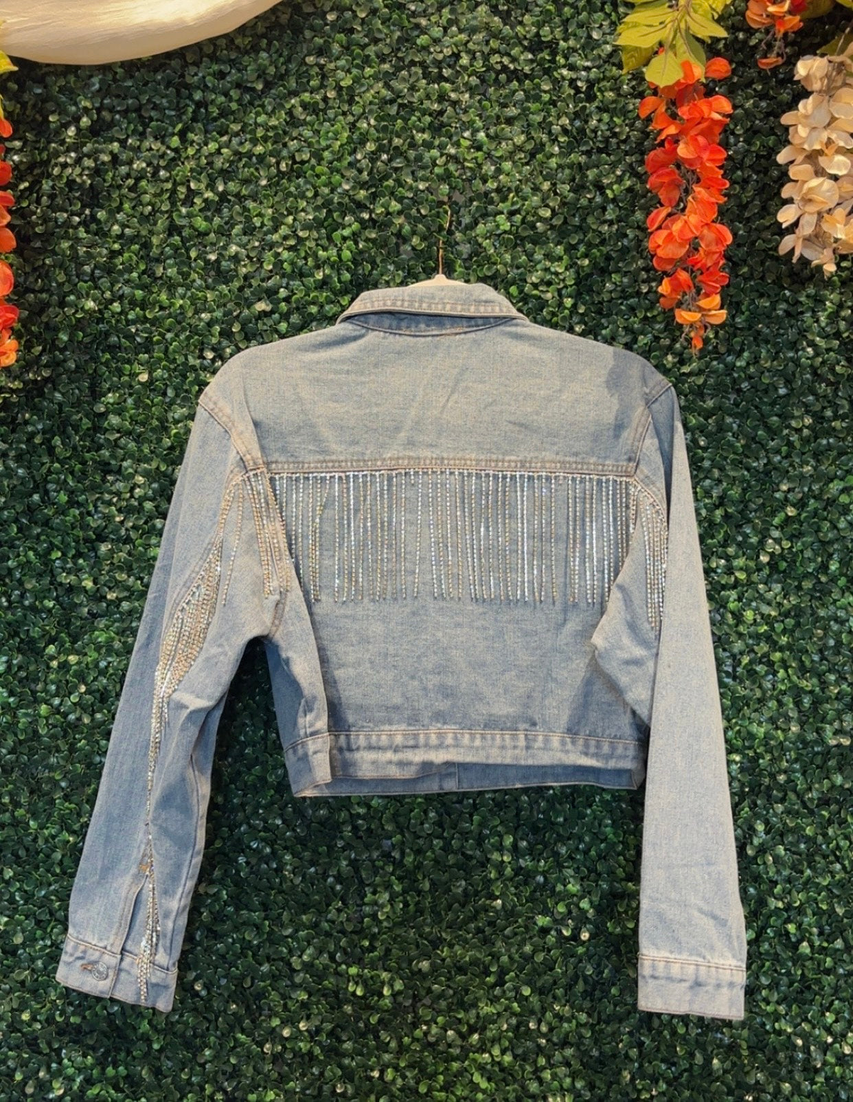 Light Wash Western Denim Jacket with Rhinestone Fringe