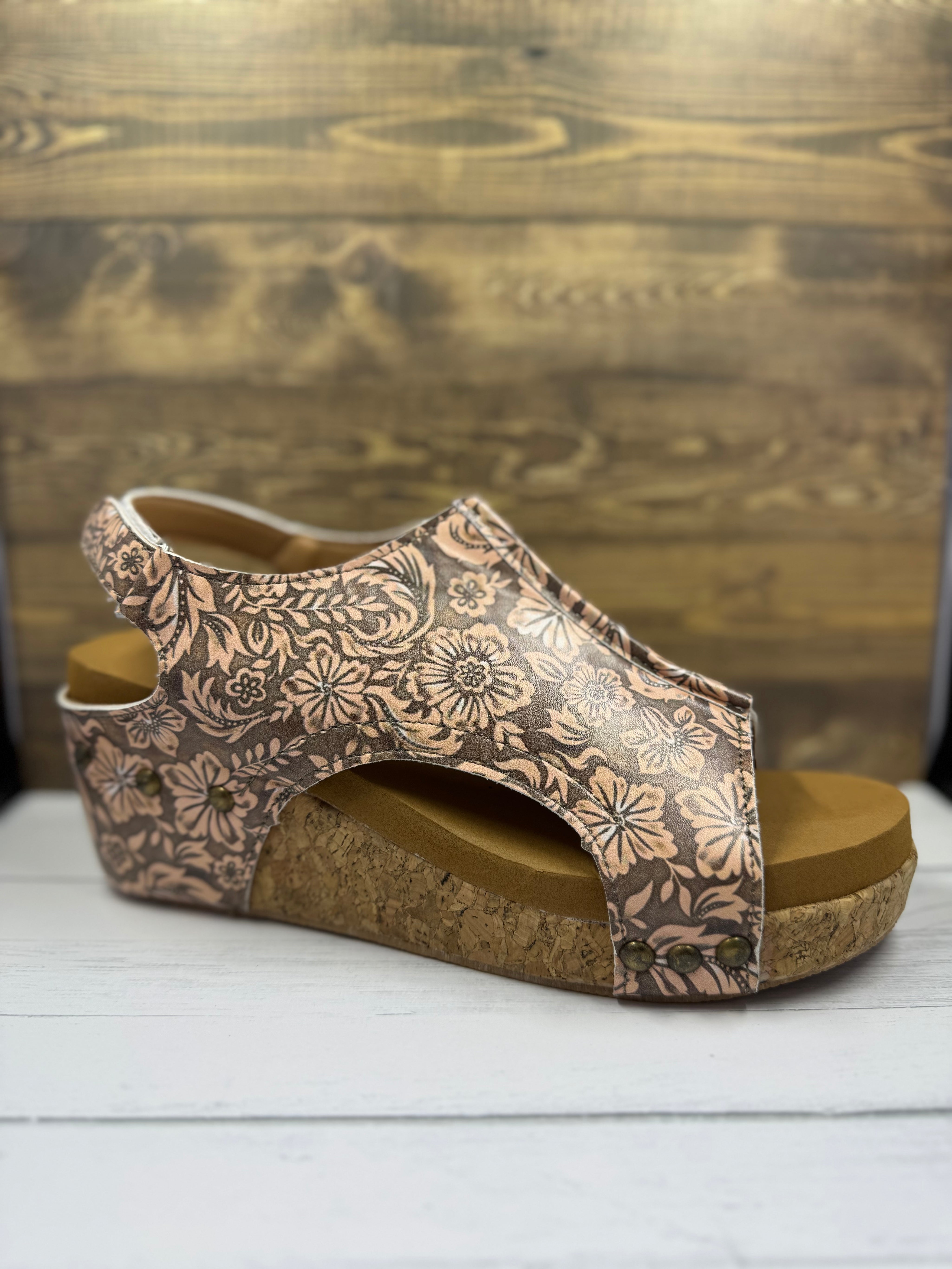 Brown Vintage Floral Leather Sandals
