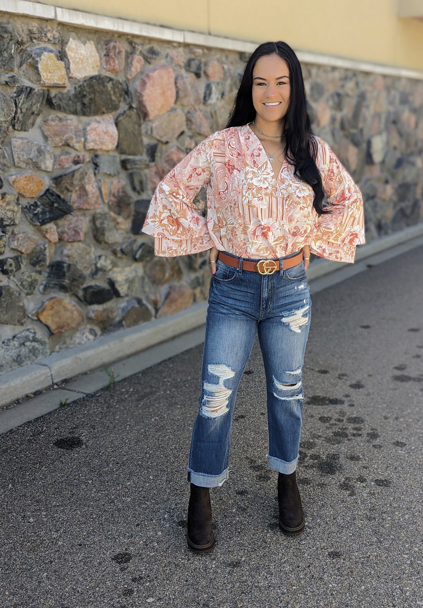 Orange Floral Print Ruffled Bell Sleeve V Neck Bodysuit