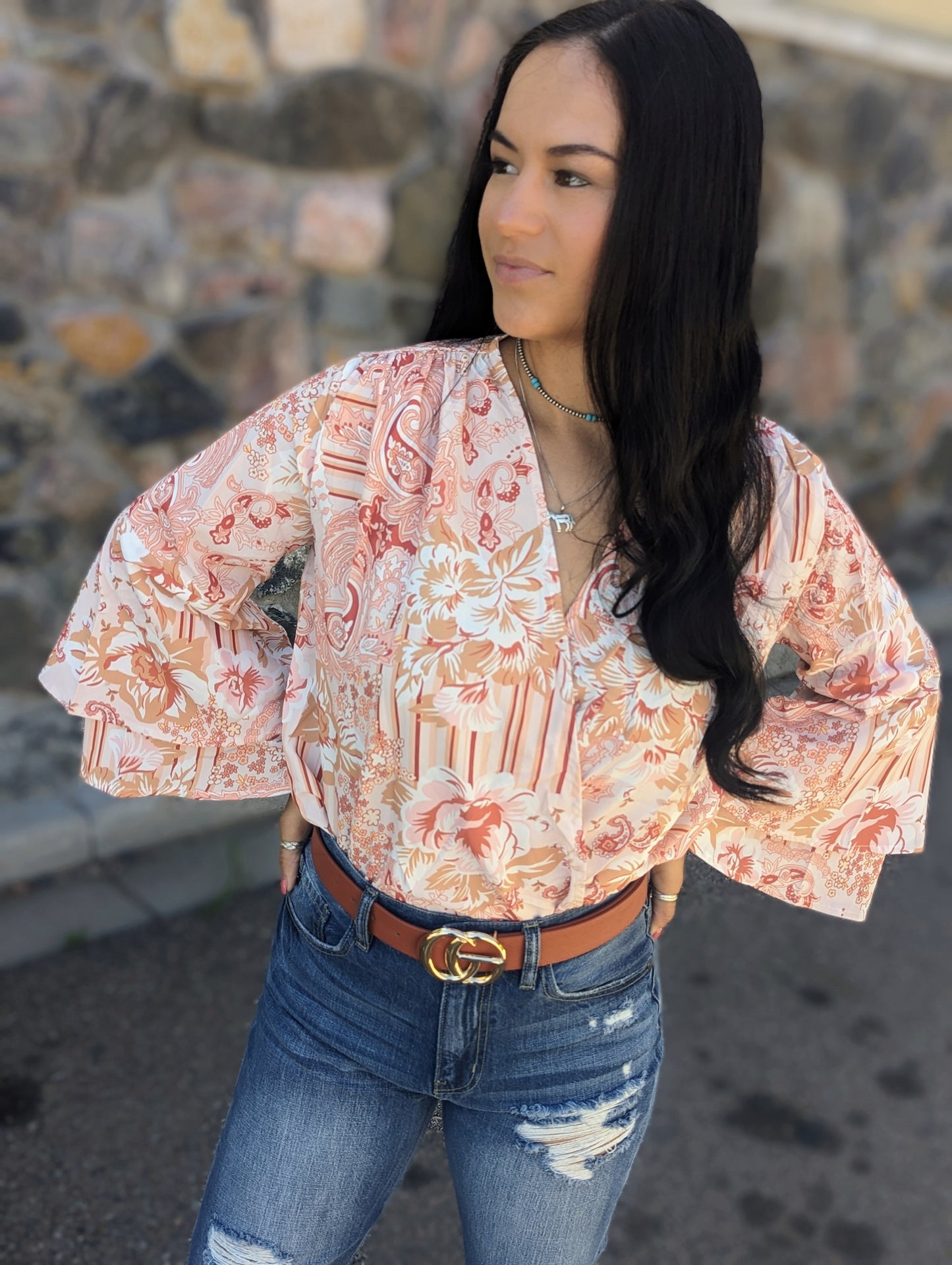 Orange Floral Print Ruffled Bell Sleeve V Neck Bodysuit