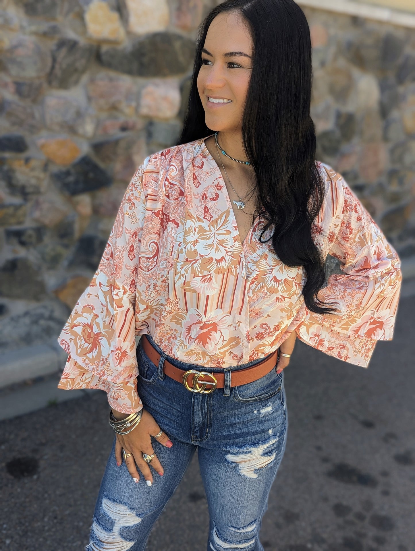 Orange Floral Print Ruffled Bell Sleeve V Neck Bodysuit