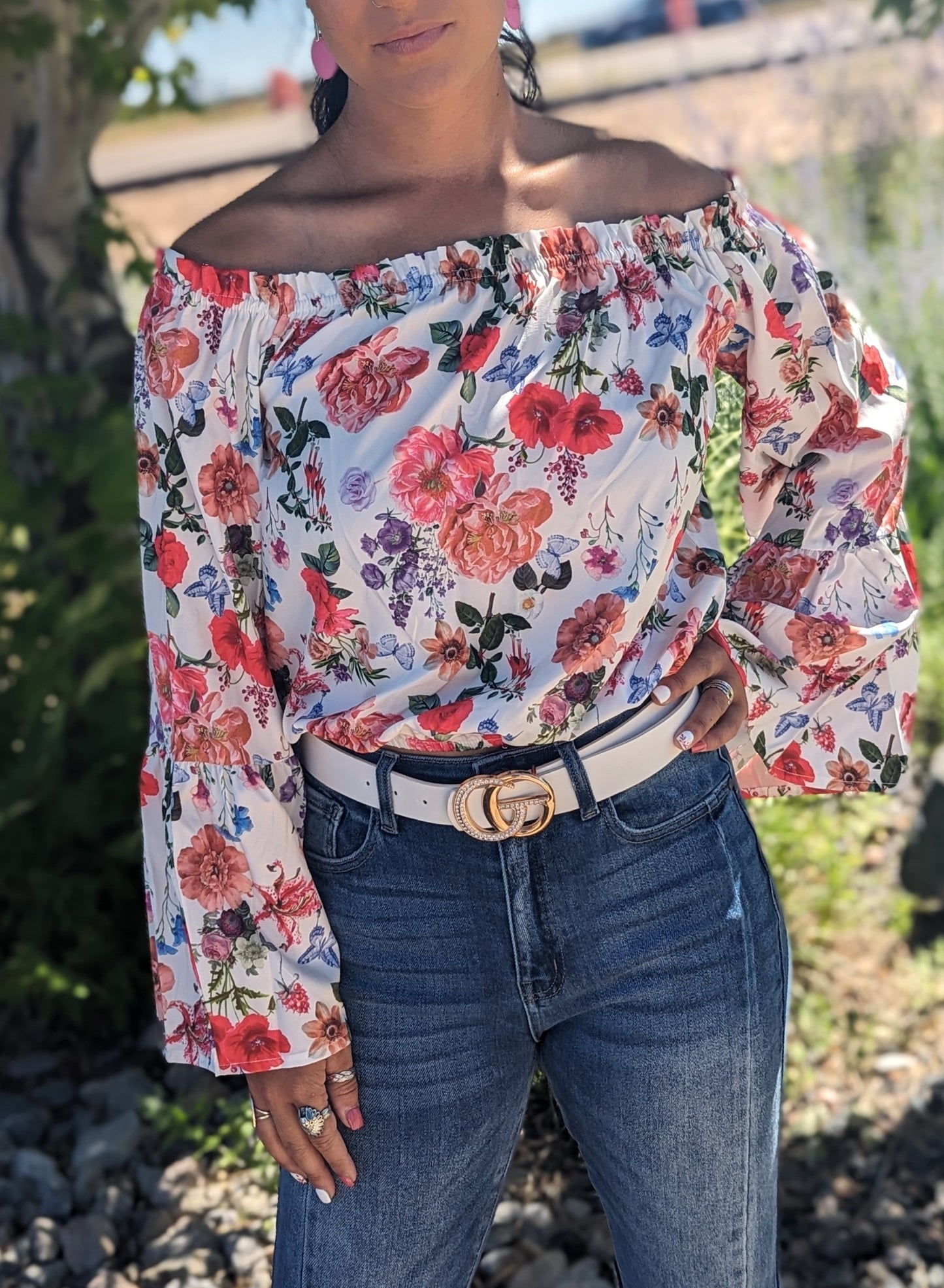 Multicolor Floral Off Shoulder Bell Sleeve Blouse