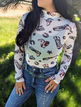 Load image into Gallery viewer, White Rodeo Bound Printed Long Sleeve Bodysuit