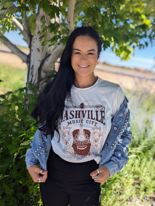 White NASHVILLE MUSIC CITY Graphic Crew Neck Tee