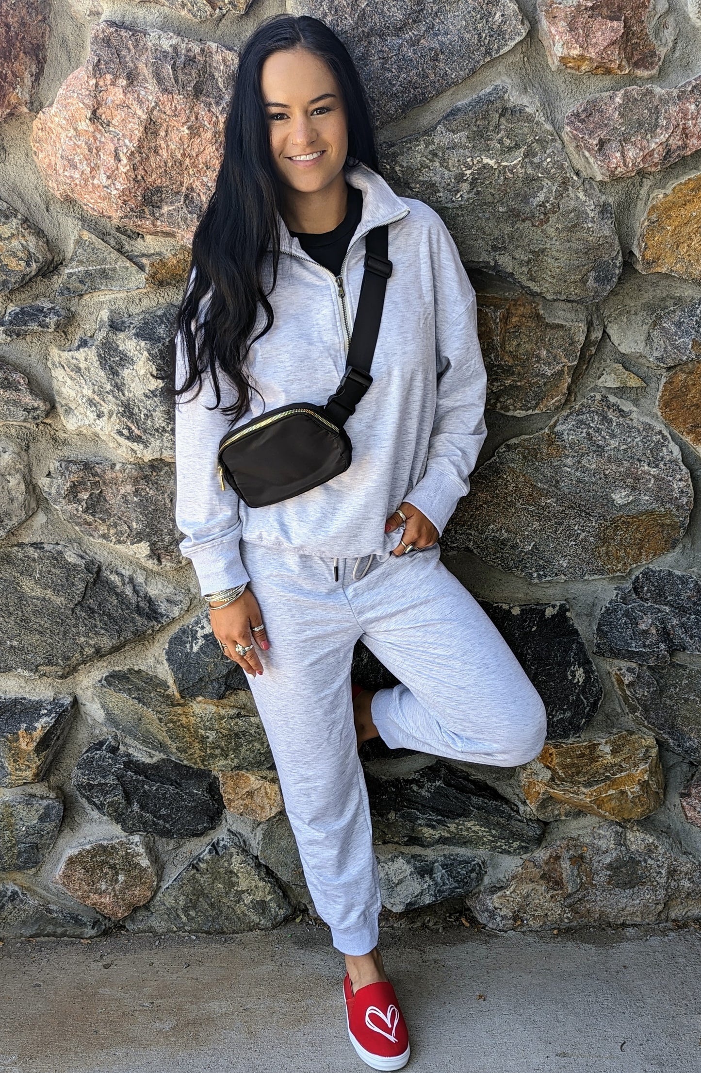 Gray Solid Half Zipped Drawstring Pullover