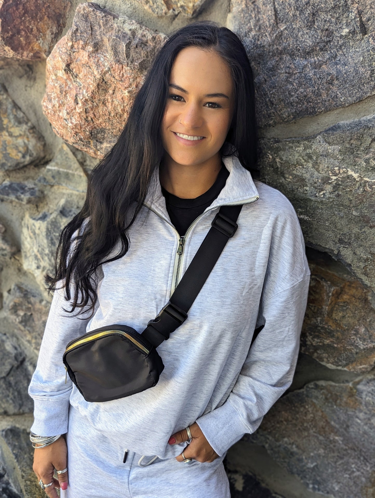 Gray Solid Half Zipped Drawstring Pullover