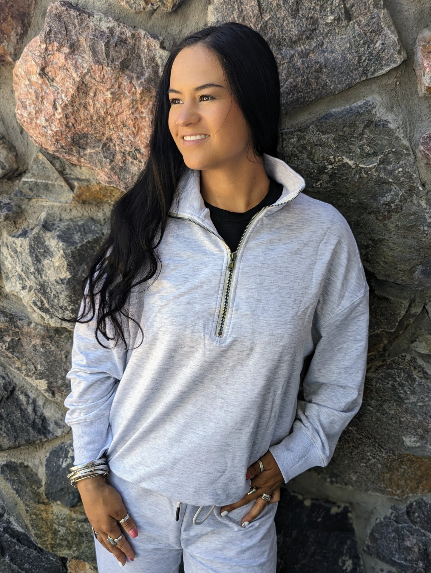 Gray Solid Half Zipped Drawstring Pullover