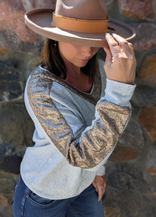 Khaki Sequin Patchwork V Neck Long Sleeve Top