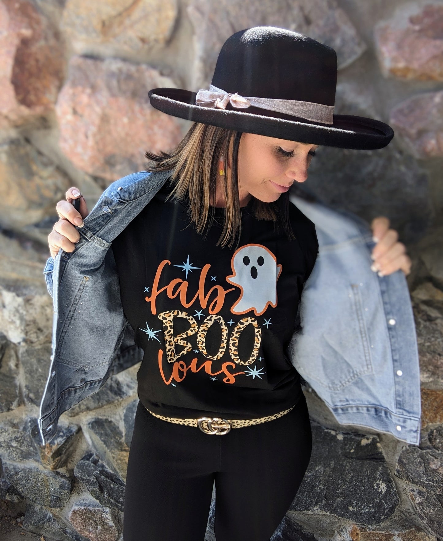 Black Fab Boo Lous Ghost Print Short Sleeve Graphic Tee