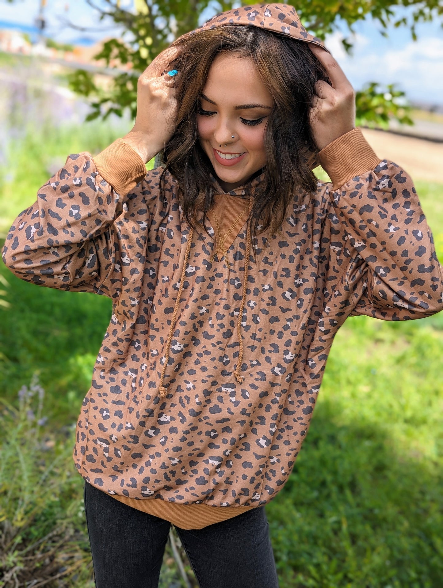 Leopard Long Sleeve Drawstring Cropped Hoodie