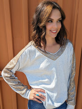 Load image into Gallery viewer, Khaki Sequin Patchwork V Neck Long Sleeve Top