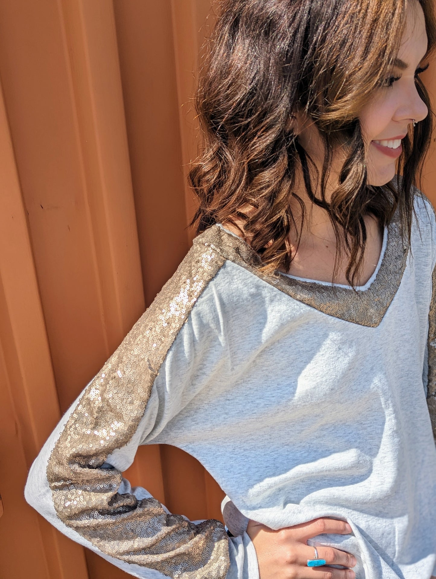 Khaki Sequin Patchwork V Neck Long Sleeve Top