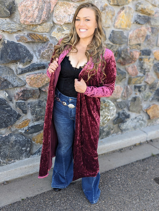 Pink Lapel Open Front Duster Velvet Cardigan