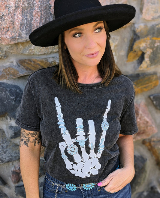 Black Vintage Western Halloween Hand Skeleton Graphic Tee