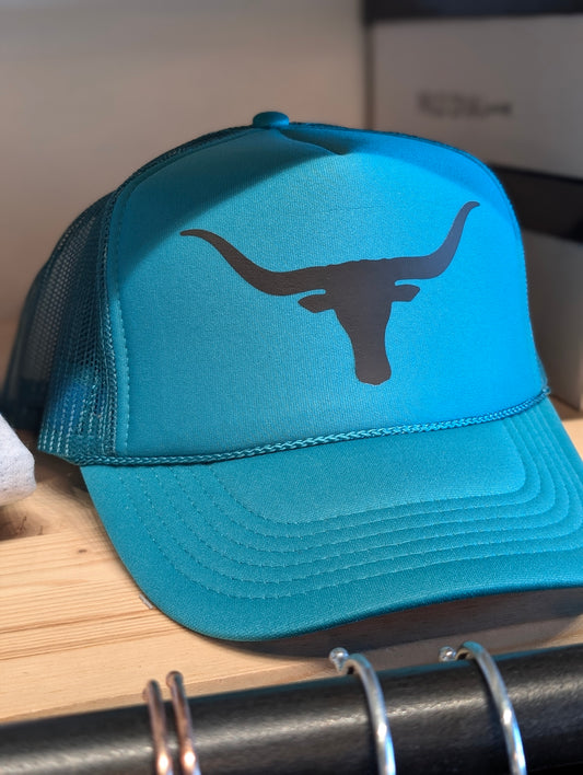 Teal longhorn trucker hat